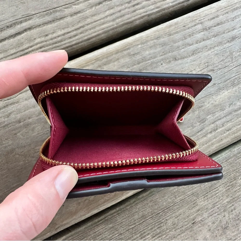 Coach Snap Wallet In Signature Canvas With Cherry Print In Tan Multi Zip Fold